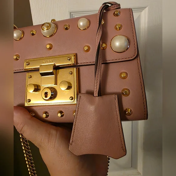 Gucci Pearl Studded Padlock Chain Pink Leather Crossbody Shoulder Bag Purse - Picture 6 of 11